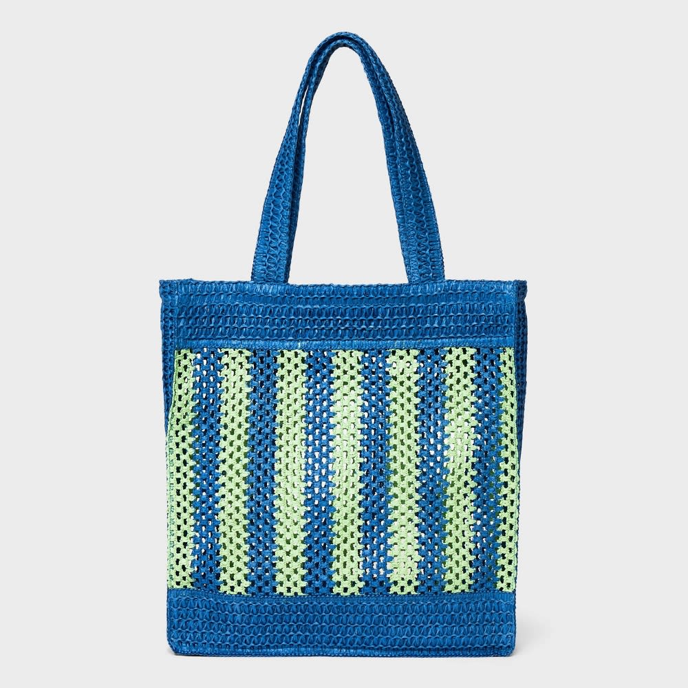 Crochet Tote Handbag - Universal Thread™ Blue/Green Striped Straw: Paper Shell, Double Handle, Unstructured