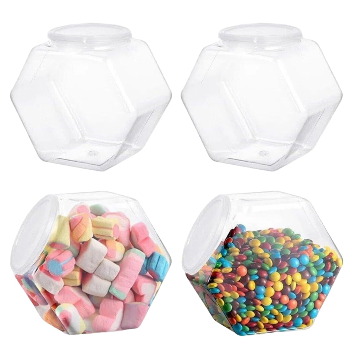 Sweet Jars 4PCS 850ML Clear Cookie Jar Plastic Jars with Lids Wide Mouth Hexagon Candy Jar Reusable Sweet Jars Empty for Candy Buffet Jelly Beans Cookies Cereal Snack