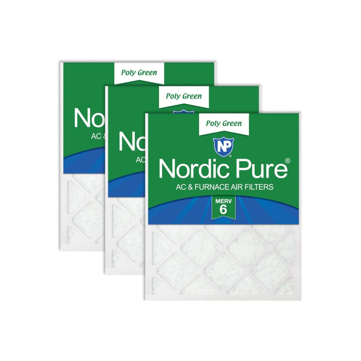 Nordic Pure 20x24x1 (Actual Size: 19 1/2 x 23 7/16 x 3/4) Poly Green MERV 6 AC Furnace Air Filters ? Reduces Dust, Pollen, Pet Dander & Allergens ? 3-Pack