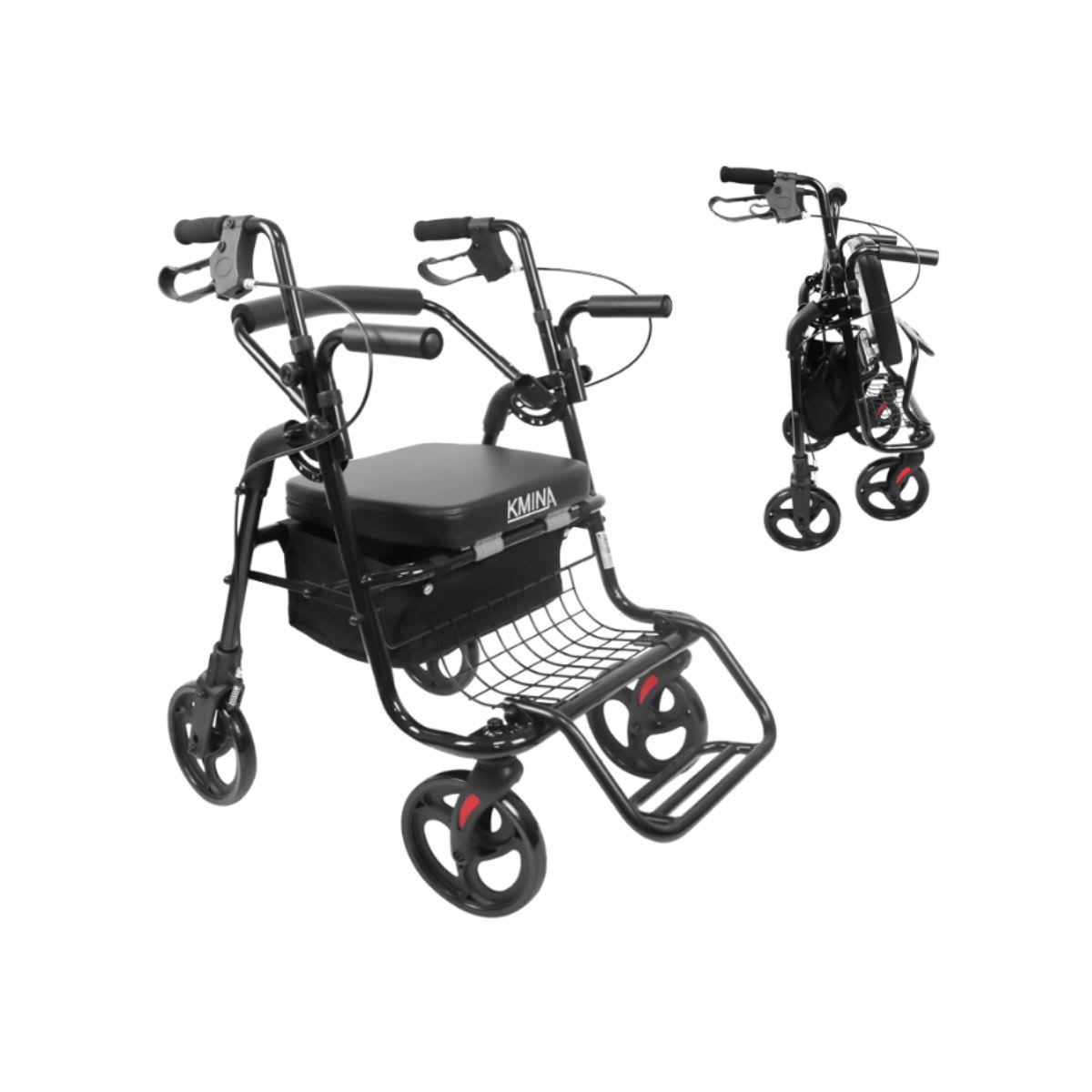 KMINA Walker for Seniors with Seat, Lightweight Folding Rollator, Adjustable Walking Aid, Aluminum, Black
