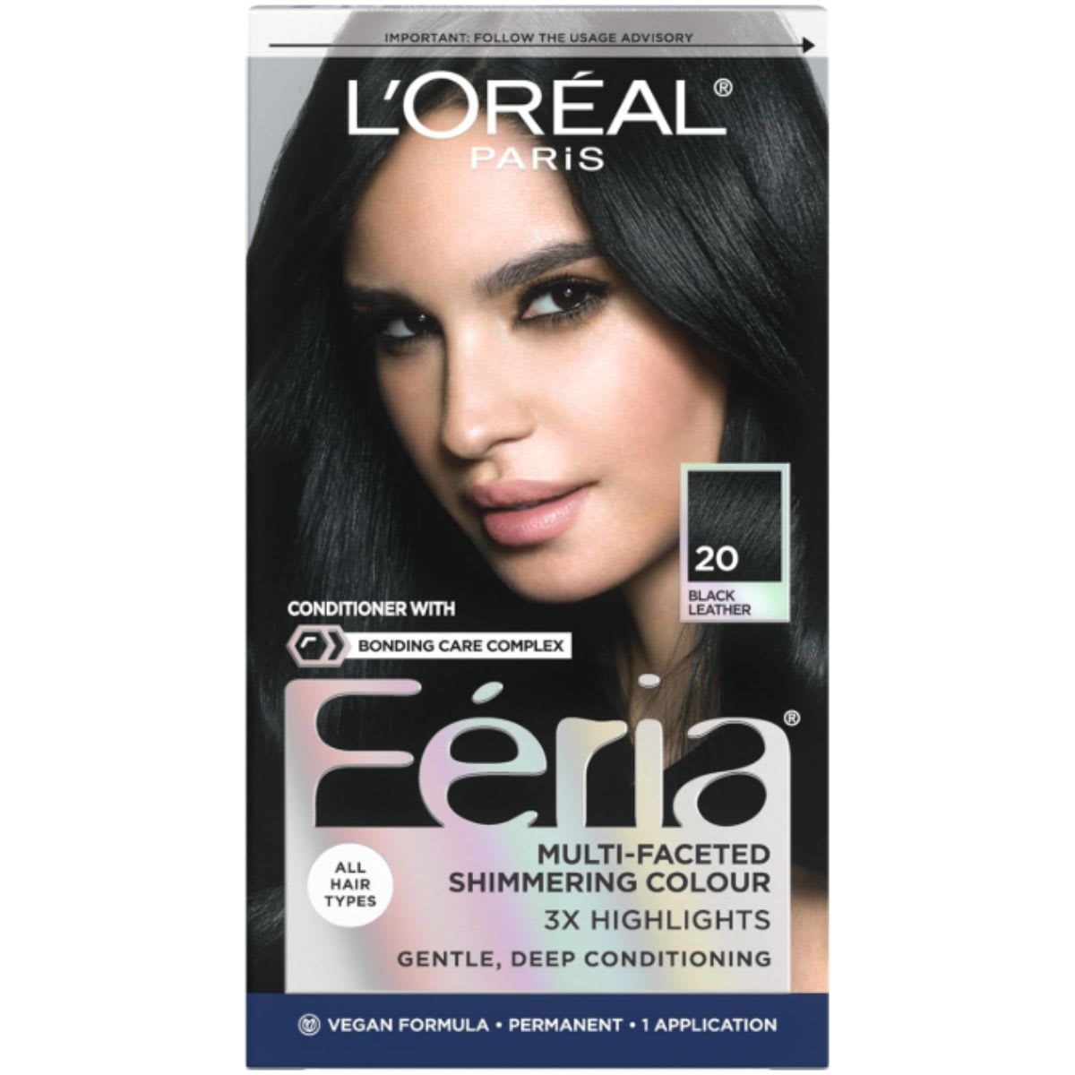 L'Oréal Paris Feria Permanent Hair Color, 20 Black Leather (Natural Black)