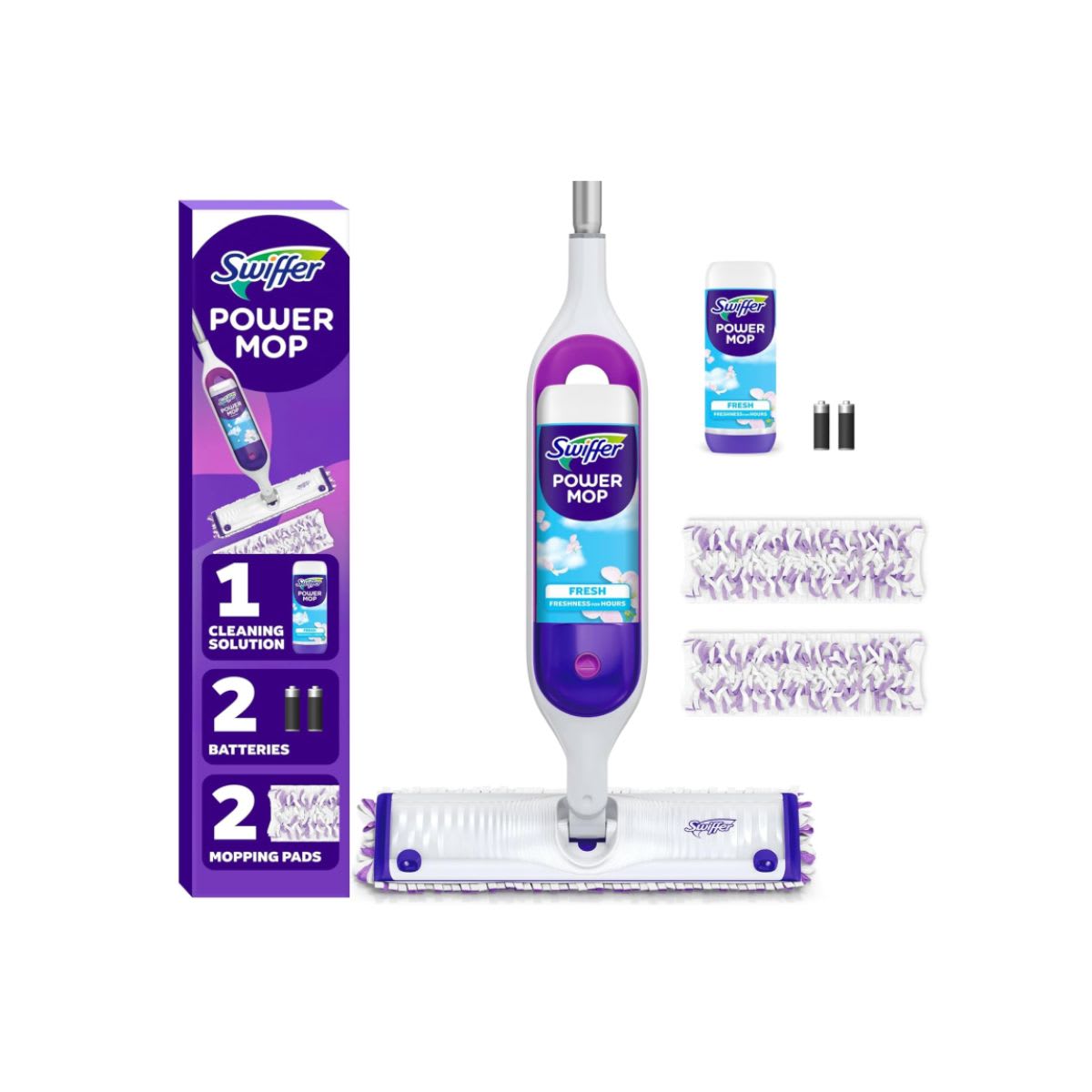 Swiffer PowerMop Multi-Surface Mop Kit for Floor Cleaning, Fresh Scent, Mopping Kit Includes PowerMop, 2 Mopping Pad Refills, 1 Floor Cleaning Solution with Fresh Scent and 2 Batteries