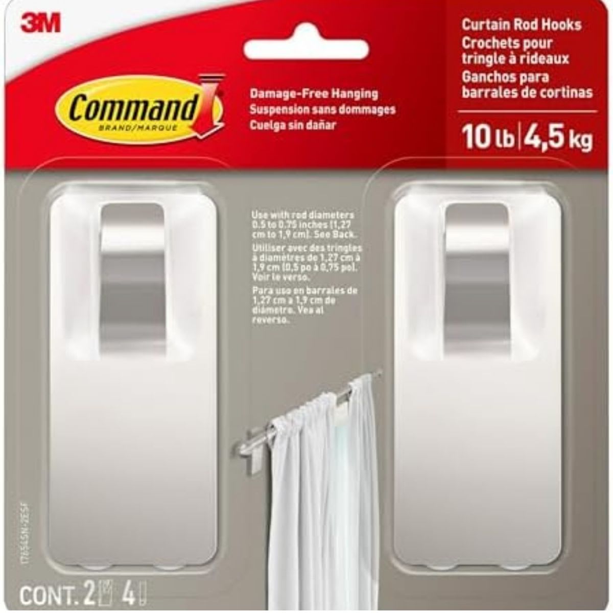 Command 10 lb Satin Nickel Curtain Rod Hooks, 2 Hooks and 4 Command Strips, Damage Free Curtain Rods Hangers with Adhesive, No Drilling Home and Room Decor