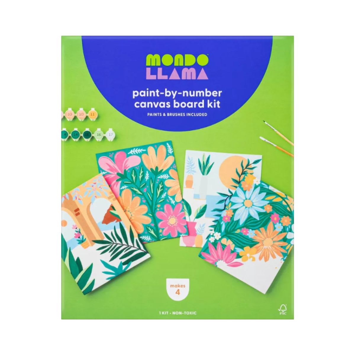 4pk Paint by Number Canvas boards Floral - Mondo Llama™: DIY Art Kit, Acrylic Paint & Brushes, Adult Craft Activity