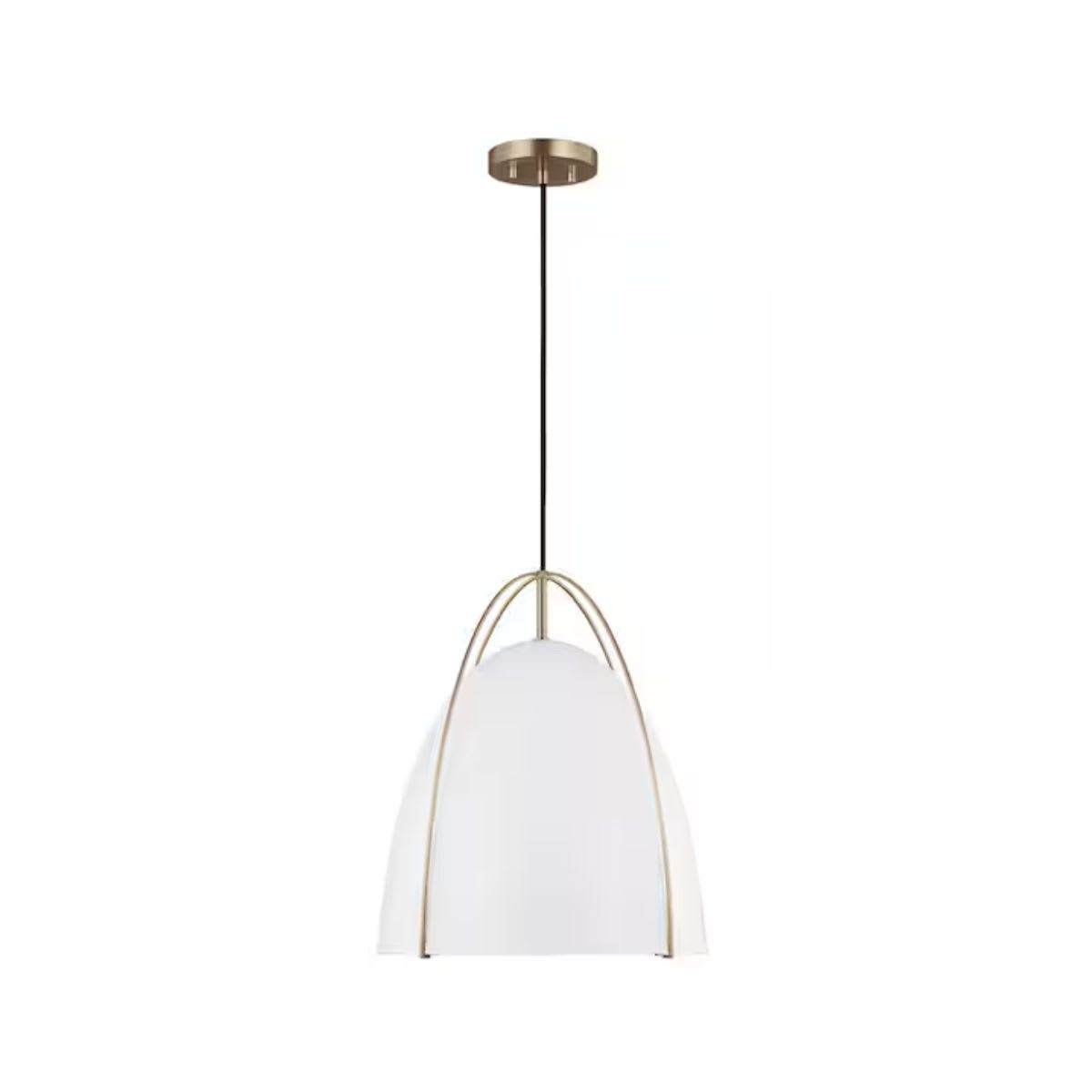 Generation Lighting Norman 1-Light Satin Brass Large Hanging Pendant Light with Matte White Steel Shade