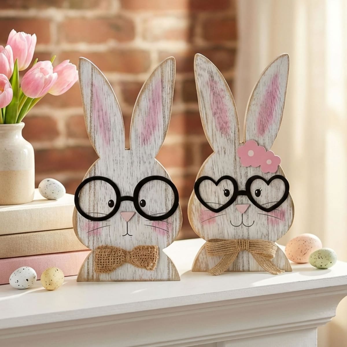 RGIMF Easter Bunny Decor - 2 Pack Wooden Rustic Easter Table Decorations for Home, Farmhouse Spring Rabbit Decor Sign for Mantel Shelf Centerpiece Office Party (Pink)