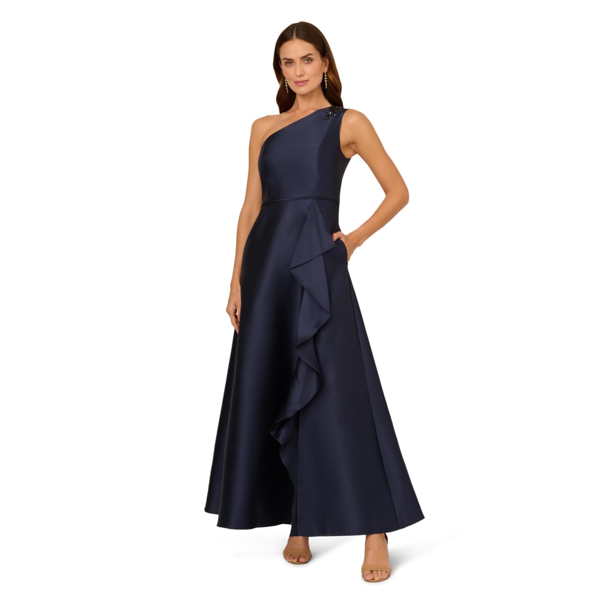 Adrianna Papell Women's One Shoulder Mikado Gown, Midnight, 12