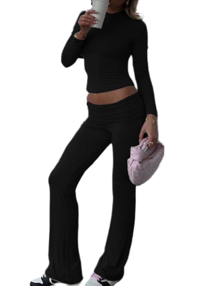 AYWA Women's 2 Piece Outfits Foldover Flare Pants Long Sleeve Crew Neck T-shirt Fitted Pajama Sets, Jet Black, Medium