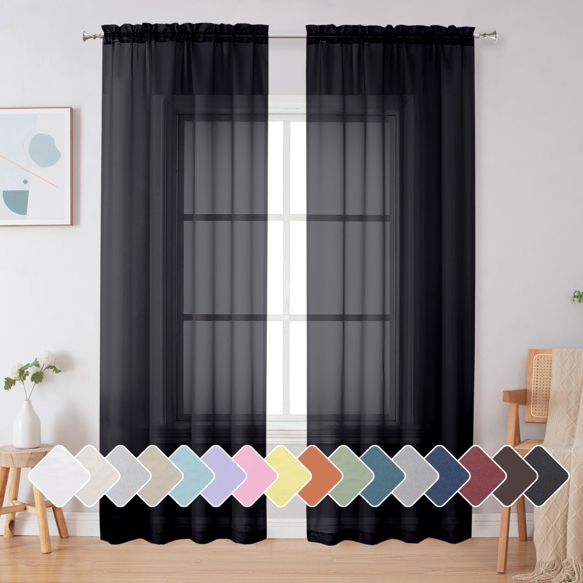 Simplebrand Black Sheer Curtains 84 Inches Long, Light Filtering Rod Pocket Solid Color Window Sheer Curtain Panels, Elegant Curtains & Drapes for Living Room, Bedroom 2 Panels (Black, 42" W x 84" L)