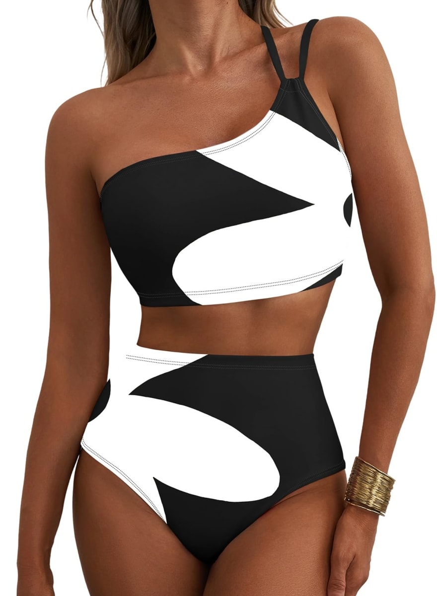 Herseas Women Bikini Sets One Shoulder Floral Print Padded Swimsuits High Waisted Tummy Control Stretchy Two Piece Bathing Suits Flattering 2026 Beach Cruise Essentials Black White Abstract XX-Large
