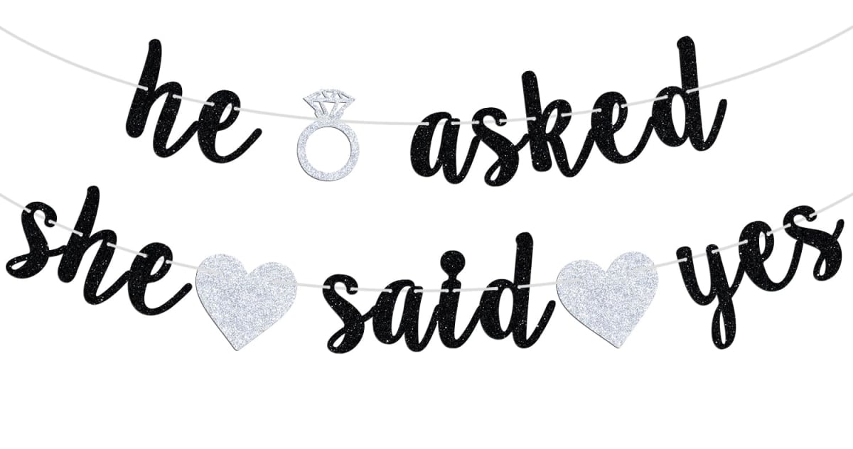 He Asked She Said Yes Banner, Black Glitter Bunting Sign for Engagement, Wedding, Bride to Be, Groom to Be, Bridal Shower, Valentine's Day Party Decorations Supplies