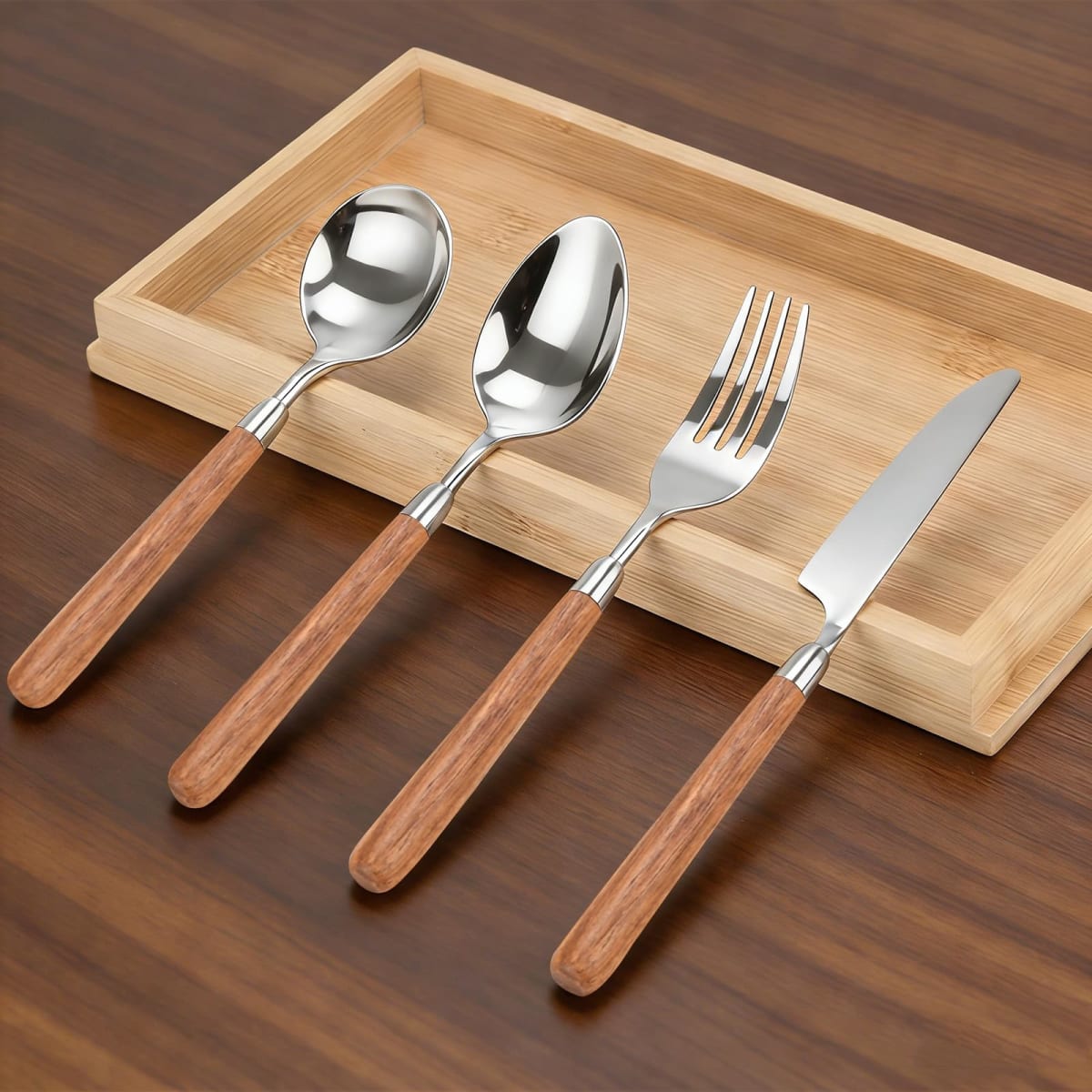 4pcs Cutlery Set, 304 Stainless Steel Kitchen Silverware Knife Fork Spoon with Wooden Handle Heavy Duty Flatware 4-Piece Set (4)