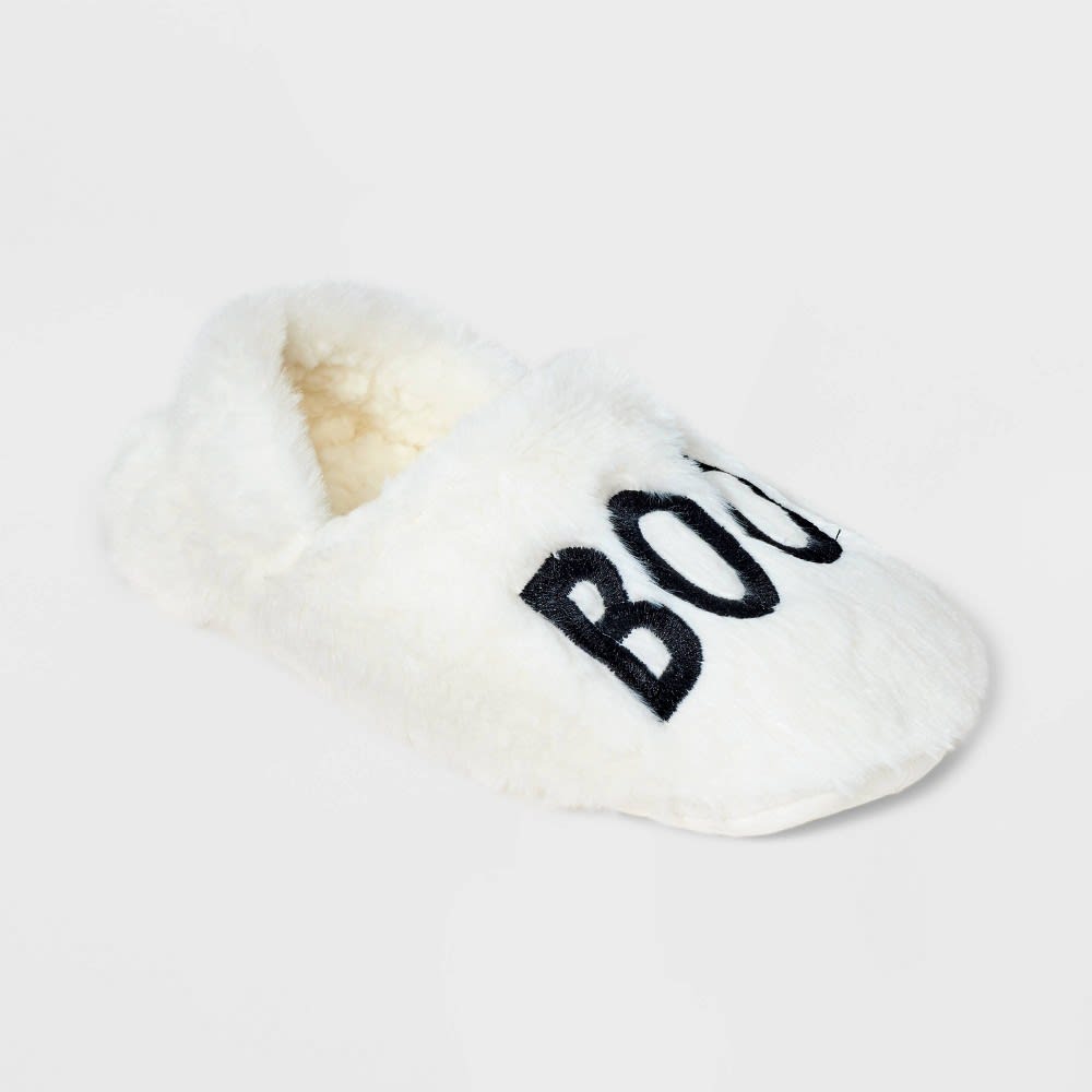 Women's "Boo!" Embroidered Halloween Faux Fur Pull-On Slipper Socks with Grippers - Hyde & EEK! Boutique™ White/Black M/L