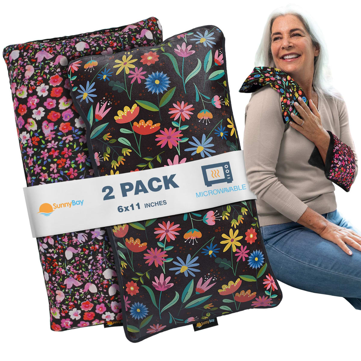 SunnyBay Small Microwave Heating Pad, Microwavable Versatile Cold/Heated Neck and Shoulder Wrap for Back Pain and More, Moist Heat Cotton-Fleece Pad, 6x11 Inches, Lilac and Green Flowers, Pack of 2