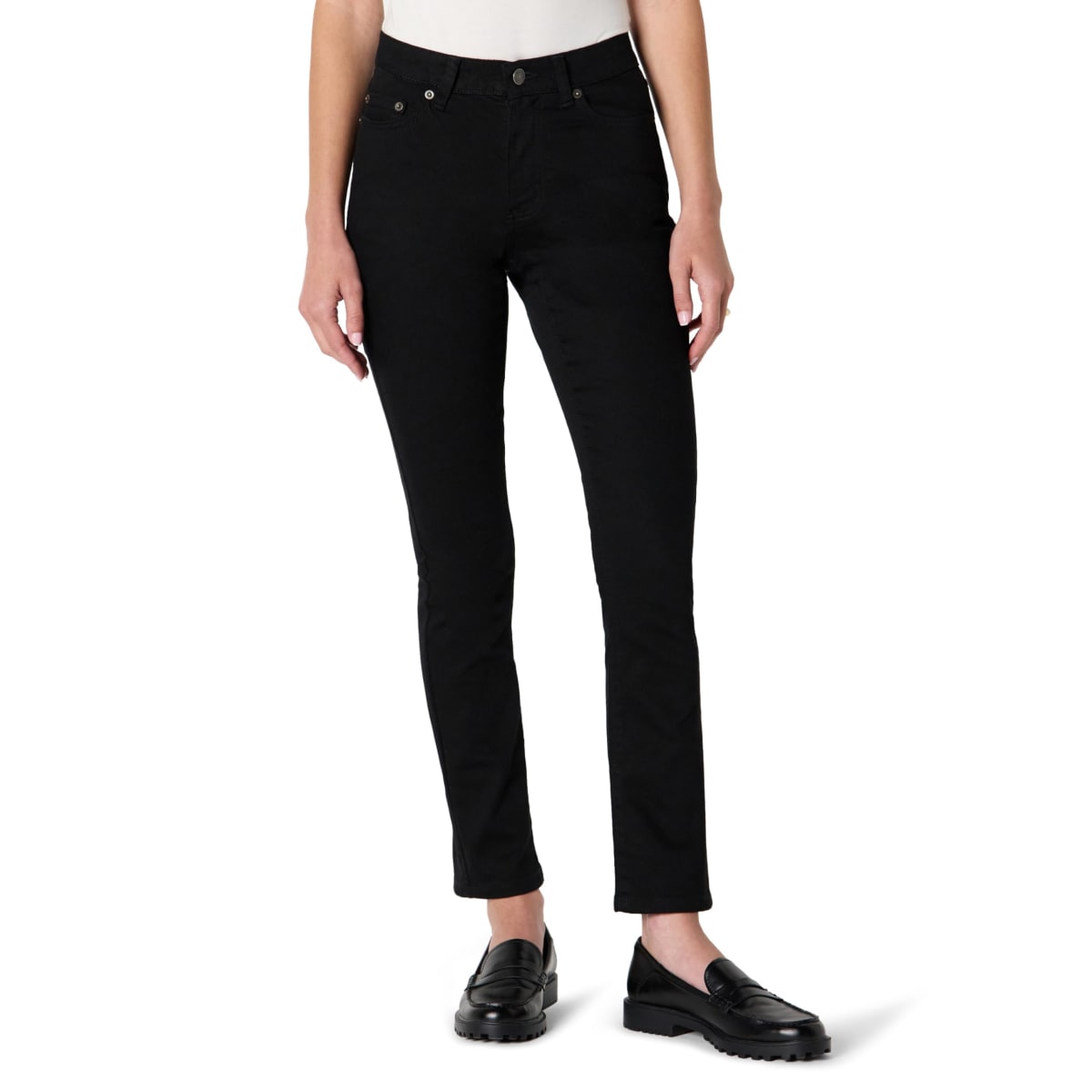 Amazon Essentials Women's Medium Stretch Slim-Fit Mid-Rise Straight Leg Jean, Black, 4