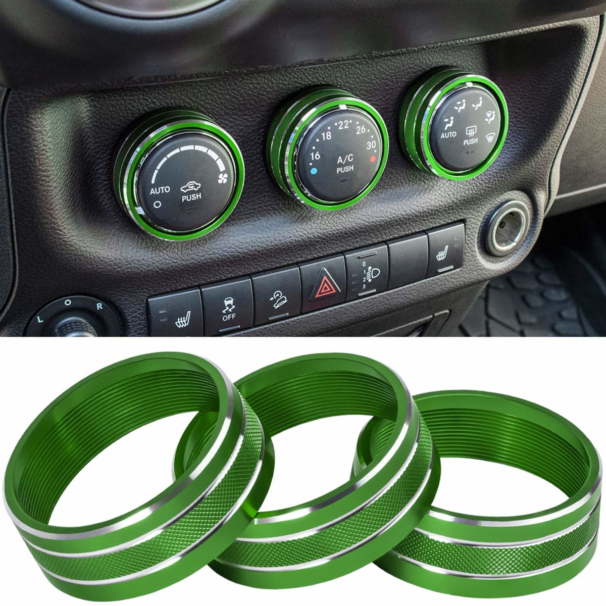 Audio Air Conditioning Button Cover Decoration Twist Switch Ring Trim for Jeep Wrangler JK JKU Patriot 2011-2018, Compass 11-16, Liberty 08-12, Dodge Challenger 08-14 Interior Accessories Green 3PCS