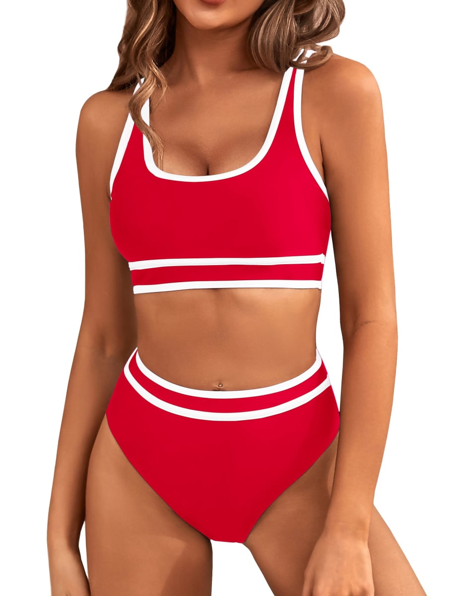 BMJL Women's High Waisted Bikini Sets Sporty Two Piece Swimsuits Color Block Cheeky High Cut Bathing Suits, Red011, Large