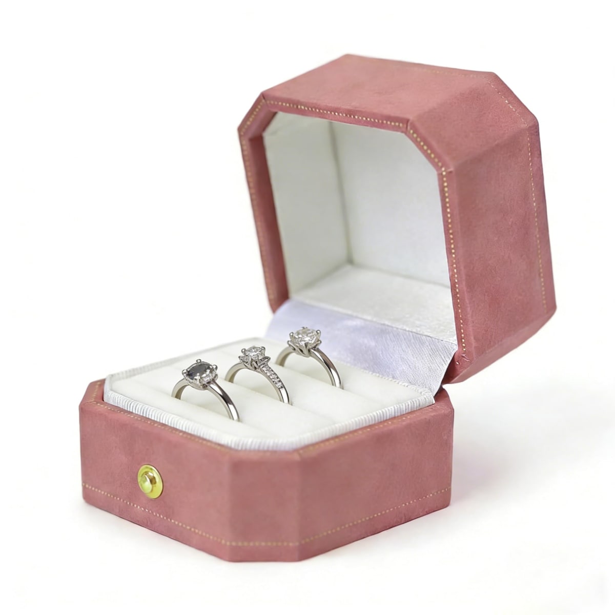 WHSLILR Velvet Wedding Ring Box with Gold Lace - Octagon 3 Slots Engagement Ring Box with Hinged Lid for Proposal Engagement Wedding-PRB003-Pink