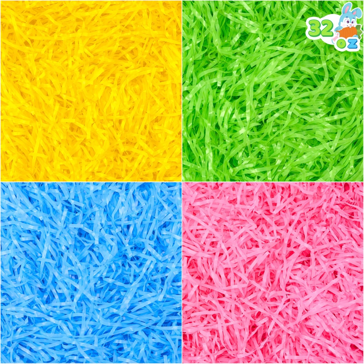 JOYIN 32 Oz Multicolor Easter Grass, Recyclable Grass Shred Pastel 4 Colors for Easter Egg Hunt,DIY Gift Wrapping, Stuffer Party Supplies(Pink, Yellow, Sky Blue, Green)