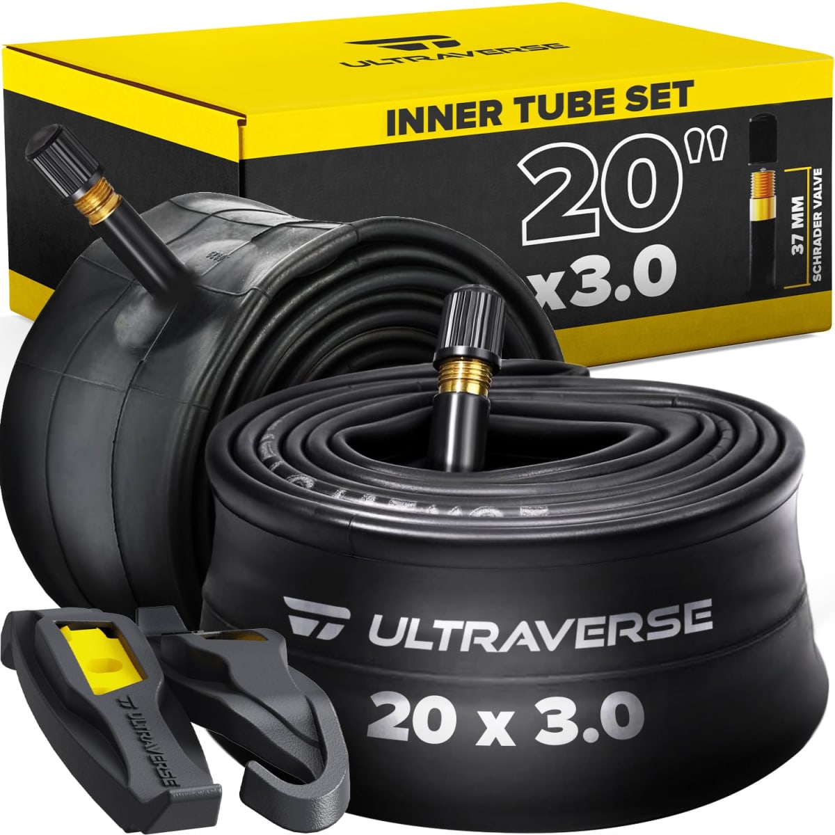 Ultraverse 20 x 3.0 Inner Tube Set with Schrader Valve - Ideal for Mountain Bikes & E-Bikes with 20-Inch Fat Tires - Durable & Reliable Performance- 2 Pack with Tire Levers