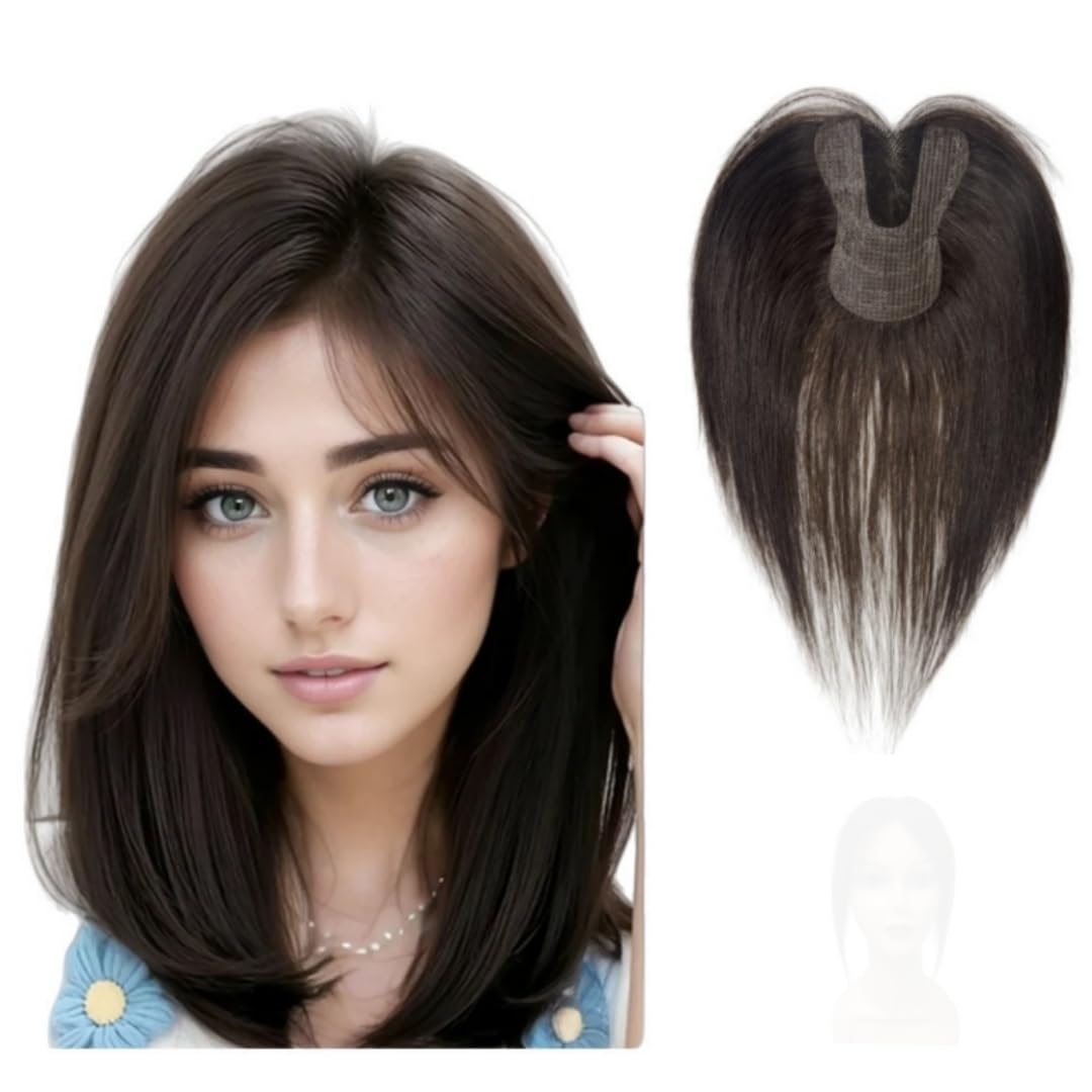 AYunhe No Clip Human Hair Topper for Women U-Shaped Glueless Forehead Hairpiece with Hook and Loop Fastener Hand-Tied Lace Center 10-Inch Trimmable Bangs (Dark Brown No Bangs U)