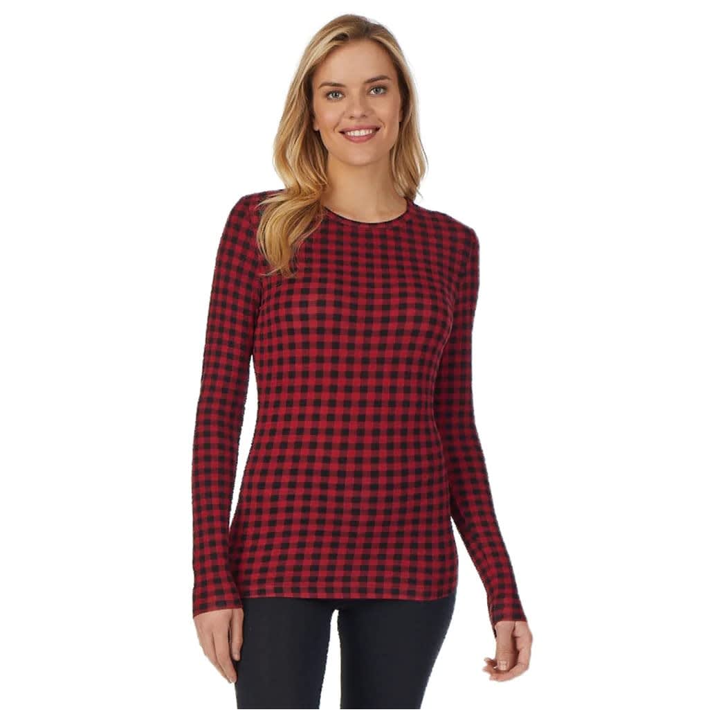Cuddl Duds Women's Softwear with Stretch Long Sleeve Crew Neck Top, Red Buffalo, Small