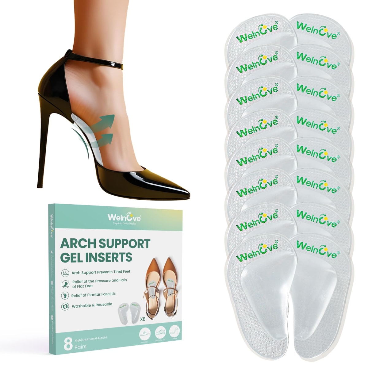 Arch Support Inserts Flat Feet - Welnove 8-Pair Gel Arch Support Insoles for Plantar Fasciitis, Foot Pain Fatigue Relief - Soft Arch Support Heel Pads Adhesive Fit Most Shoes, Men Women, 0.47" Height