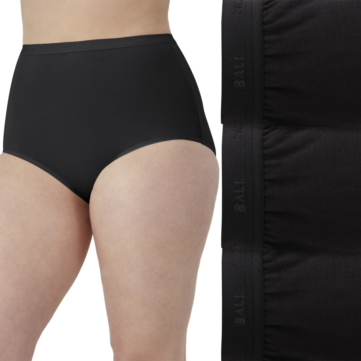 Bali Women's Stretch Cotton Underwear, Cut-fit Brief, Full Coverage Panty, 3-Pack, Black/Black/Black, 9