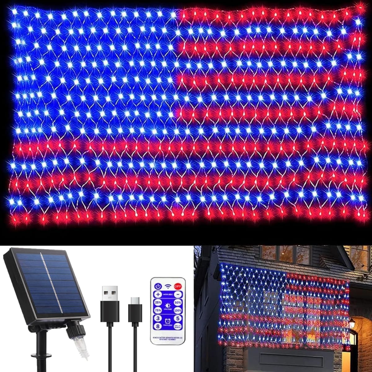 Solar American Flag Lights, Independence Day Decorations 2-in-1 Solar Powered & Plug in US Flag Lights 420 LED 8 Modes Waterproof Flag Lights for July 4th Independence Day, Garden, Yard Decorations