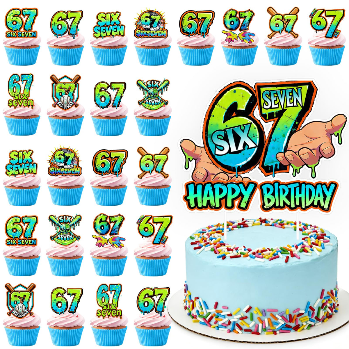 6 7 Birthday Decorations Boy,24pcs 6 7 Cupcake Toppers and 6 7 Cake Topper, 6 7 Birthday Decorations,Six Seven Cupcake Picks for Birthday/Gen Z Theme Party Decoration
