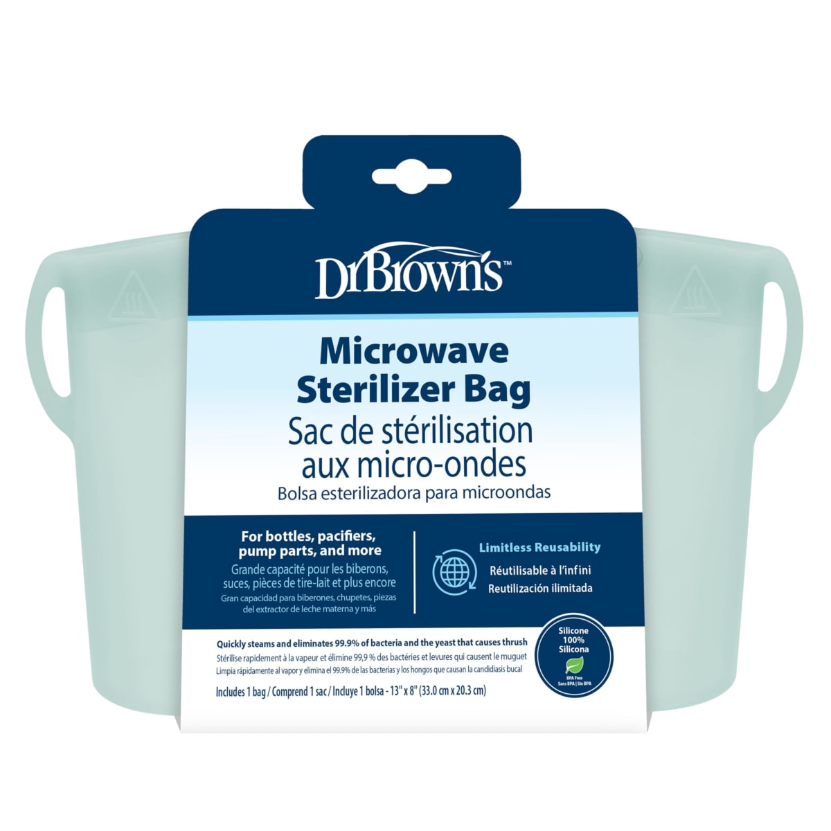 Dr. Brown’s 100% Silicone Microwave Steam Sterilizer Bag for Baby Bottles, Breast Pump Parts & Other Toddler Accessories, Reusable Sterilizing Bag - Packaging May Vary