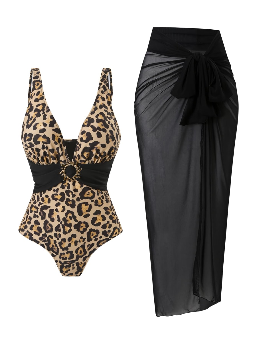 SherryDC One Piece Swimsuit with Cover up Wrap Skirt Sarong Floral Print Plunge V Neck Bathing Suit for Women, 151-black Leopard Print, Medium