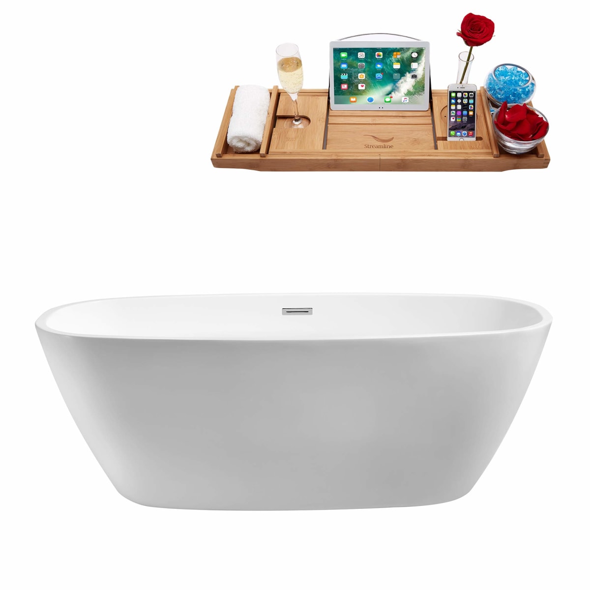 Streamline | Freestanding Soaking 59" N-700-59FSWH-FM Acrylic Bathtub, White | Comes with Internal Drain And Chrome Overflow | Bamboo Tray Included