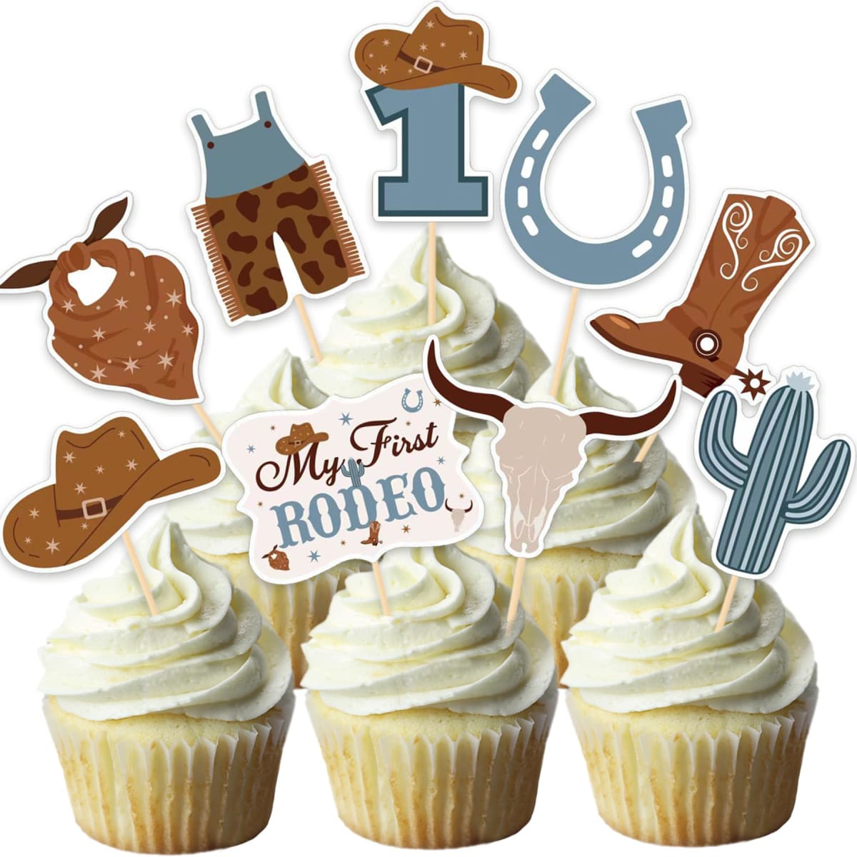 NANAGALI My First Rodeo Cupcake Toppers - 36 Pcs, Gold, Western Cowboy Party Decorations for Boy, Birthday & Baby Shower