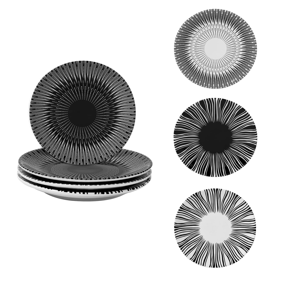 YUYHQCBT 6 Inch Set of 4 Assorted Designs, Porcelain Plates With Patterns,Black Ceramic Dessert Plates, Dishware for Sandwiches Salad Pasta,Microwave Oven Dishwasher Safe