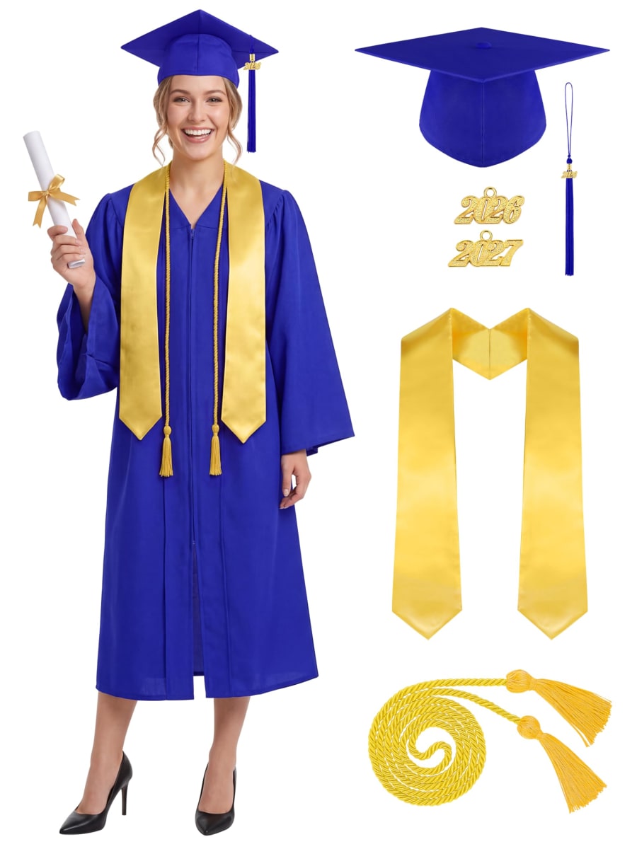 Aneco 2026 Unisex Matte Adult Graduation Gown Cap Tassel Sash Honor Cord Set for High School and Bachelor, Royal Blue, 42