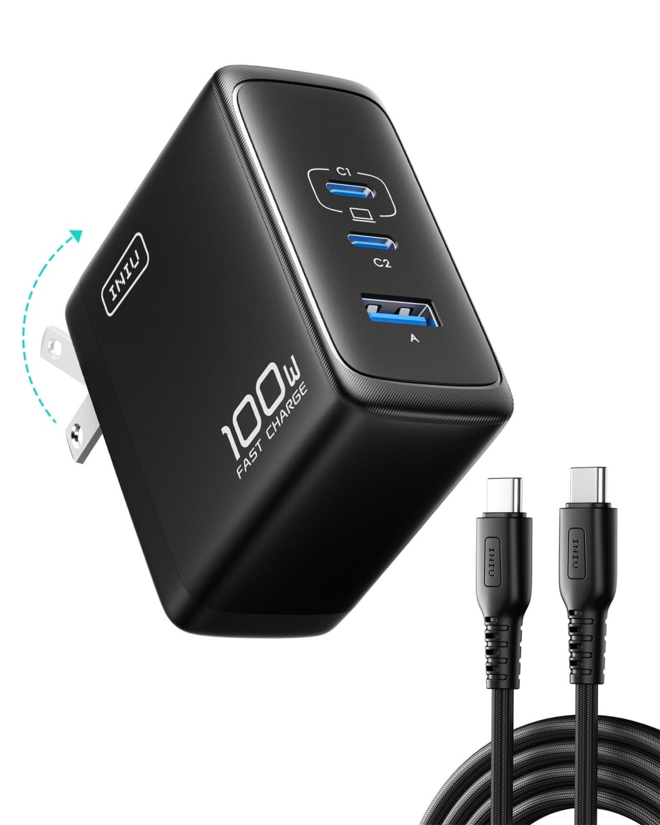 INIU USB C Charger Block, 100W 3-Port PD Fast Charging, Advanced GaN Power Adapter, Foldable Charger with USB C Cable for MacBook Air 13 Pro, iPad, iPhone 17 16 Pro Max, Samsung S25 S24, Switch 2 etc