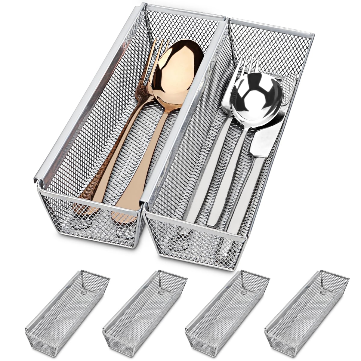 Silverware Drawer Organizer, Cutlery Drawer Organizer, 6 Pack Utensil Drawer Organizer, Utensil Organizer, Kitchen Drawer Organizer, Flatware Organizer with Interlocking Arm (9 * 3 * 2 inch, Grey)