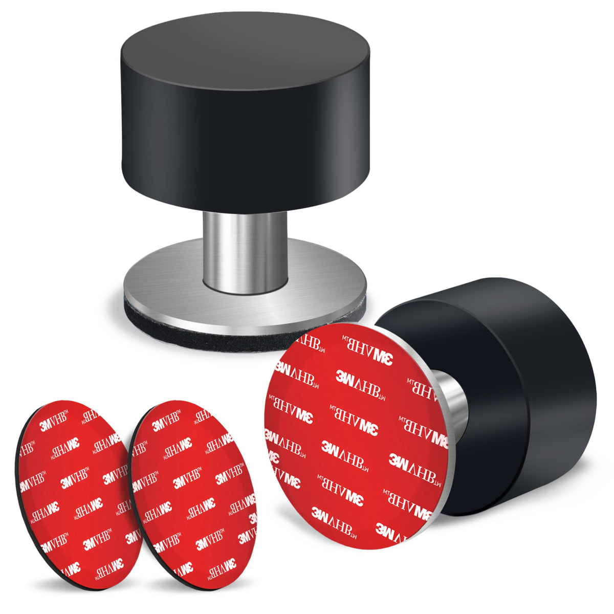 Door Stoppers Stop with Extra Stickers, Self-Adhesive Door Stops with Black Rubber Bumper & Stainless Steel Body - Heavy Duty Door Knob Wall Protector Sound Dampening for Home & Office Use