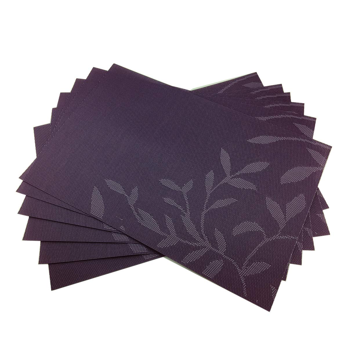 Gugrida Place Mats PVC Set of 6, Table Placemats Set of 6 PVC Washable Woven Vinyl Place Mats Heat Insulation Top Meal Mat Table Mats Natural Color (6 pcs, Purple Leaves)