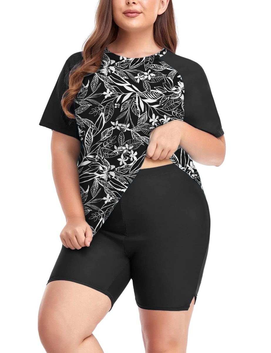 Inno Women's Plus Size 2 Piece Rash Guard Swimsuits Short Sleeve with Boyshorts UPF 50+ Surfing Swimwear, Floral 11, 2X