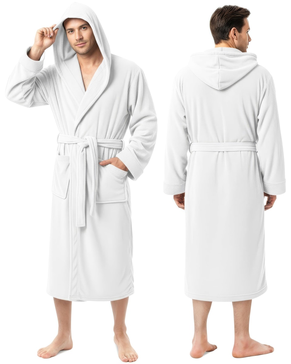 NY Threads Men's Hooded Fleece Bathrobe Plush Long Spa Robe, White, Small-Medium