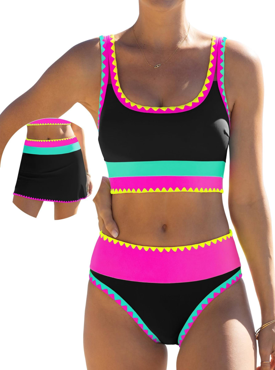 popvil High Waisted Bikini Sets for Women Tummy Control Swimsuits 3 Piece Bathing Suits Neon Swimwear with Skirt 2026, Black, X-Large