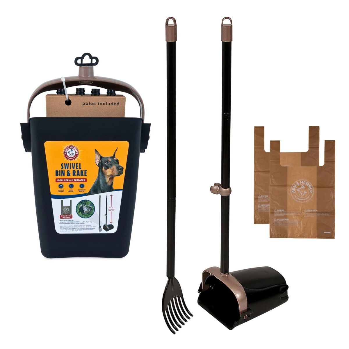Petmate Arm & Hammer Swivel Bin & Rake Pooper Scooper Waste Management System (2 Bonus Heavy Duty Handle Tie Waste Bags Included for Premium Odor Control)