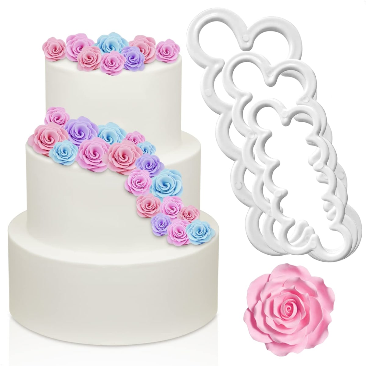 Gum Paste Flowers Cakes Cutters - 3Pcs Edible Rose Petal Plastic Cookie Cutters Fondant Flower Molds and Cutters - Cupcake Cookie Cutter Birthday Decoration Plastic Cake Cutter Cake Flower Cutters