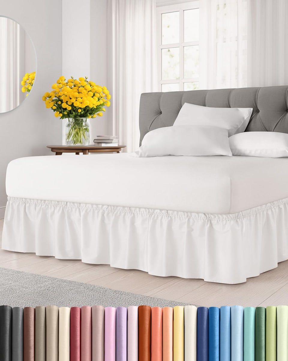 Wrap Around Dust Ruffle Bed Skirt for College Dorm - Antique White - Twin/Twin XL Size Beds w/ 15 Inch Drop - Elastic Strap & Adjustable Pleated Bedskirt - Wrinkle Free - for Women, Men, Kids & Teens
