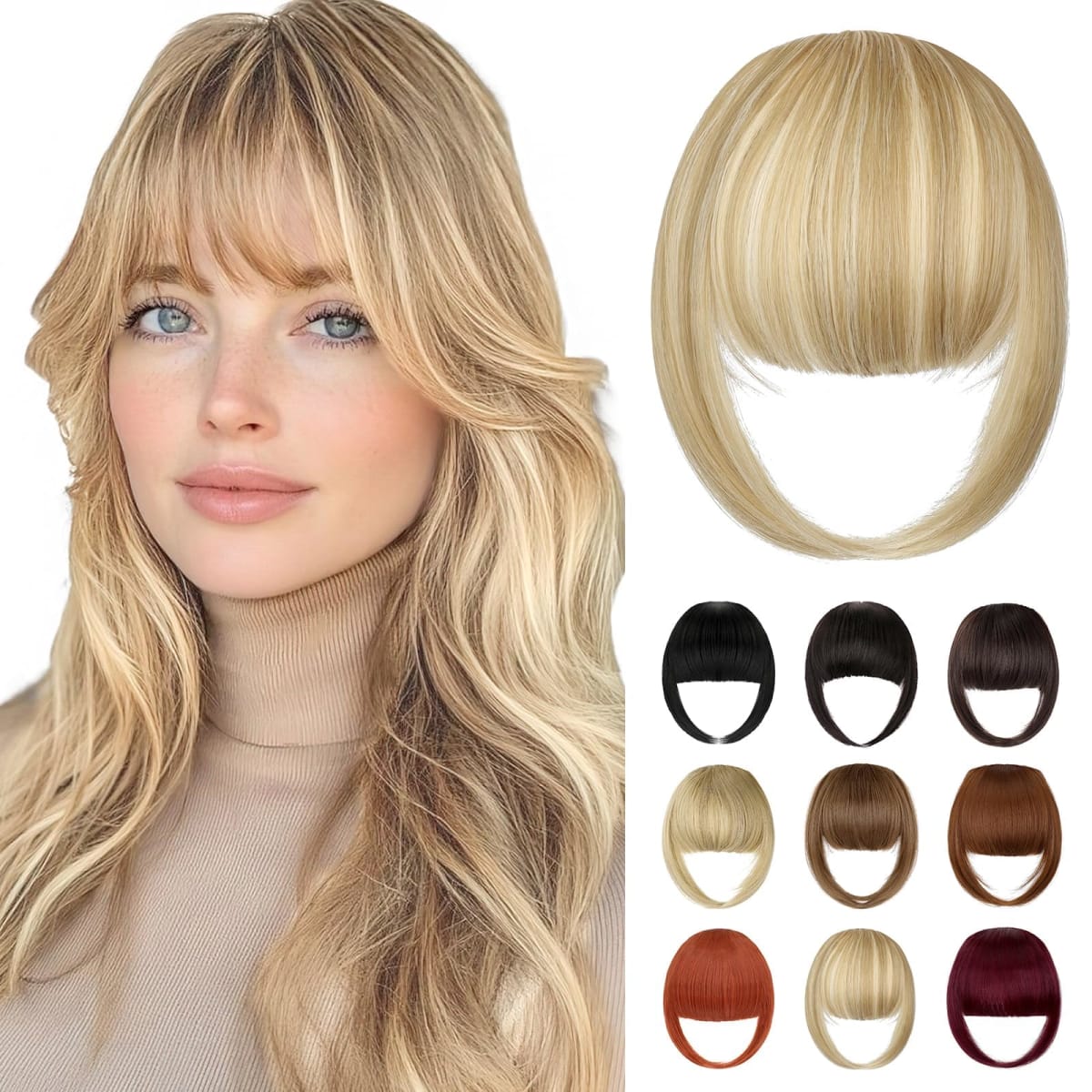 Fanguilar Bangs Hair Clip in Bangs, French Light Blonde Mix Bleach Blonde Fake Bangs Hair Clip on Bangs for Women Fringe with Temples Hairpieces Faux Bangs for Daily Wear