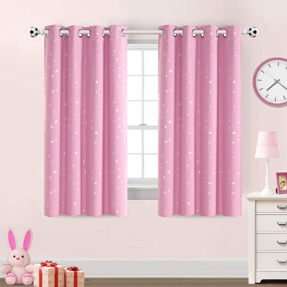 PrinceDeco Blackout Kids Curtains for Bedroom Thermal Insulated Silver Twinkle Star Curtains for Girls Antique Grommet Top Window Treatment 2 Panels Drapes for Nursery (52" W x 63" L, Pink/Silver)