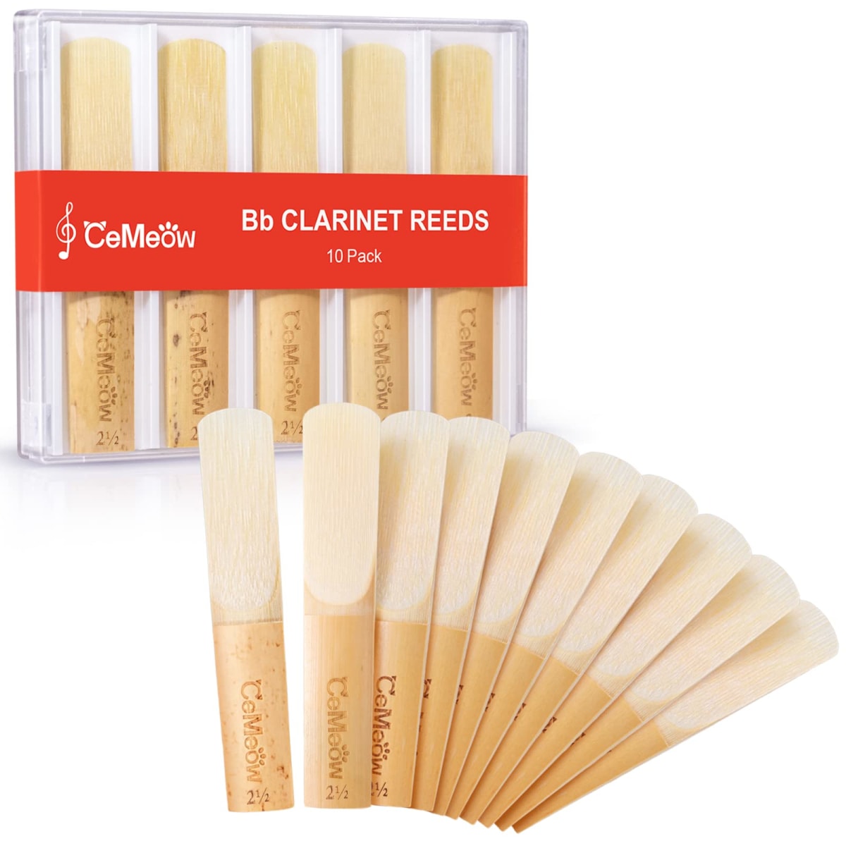 Clarinet Reeds 2.5 10Pack with Plastic Box, High Quality Material Thinner Reed Tip Advanced Cutting Technology for Clarinet Beginner and Player