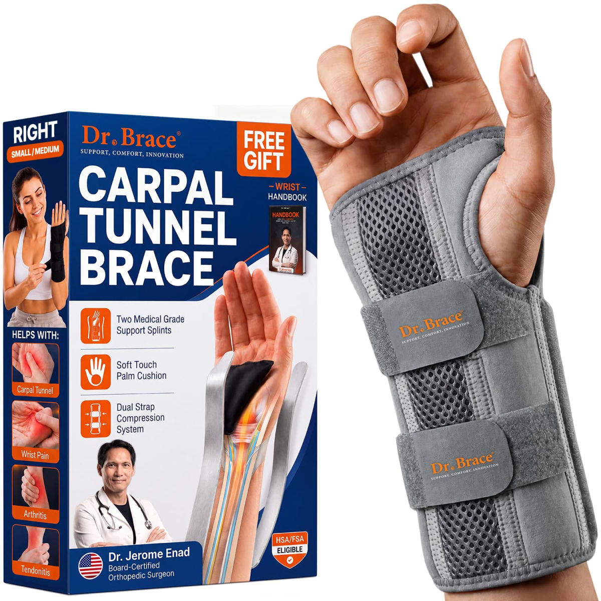 DR. BRACE Adjustable Wrist Brace Night Support for Carpal Tunnel, FSA & HSA Eligible, Doctor Developed, Upgraded with Double Splint & Therapeutic Cushion, Hand Brace for Pain Relief, Injuries, Sprains (S/M Right Hand, Grey)